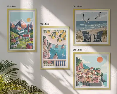 Set de 4 cuadros decorativos para salón con montañas coloridas y ciudades costeras