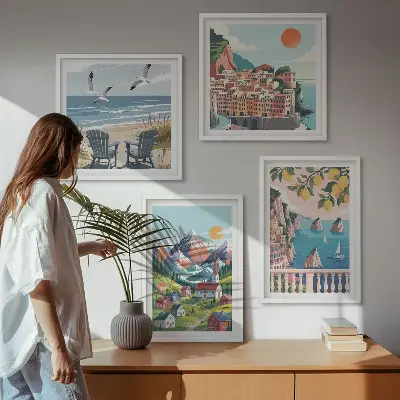 Set de 4 cuadros decorativos para salón con montañas coloridas y ciudades costeras