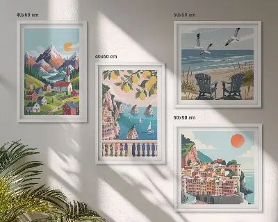 Set de 4 cuadros decorativos para salón con montañas coloridas y ciudades costeras