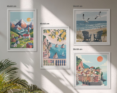Set de 4 cuadros para salón Montañas coloridas y ciudades costeras