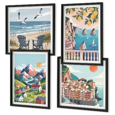 Set de 4 cuadros decorativos para salón con montañas coloridas y ciudades costeras
