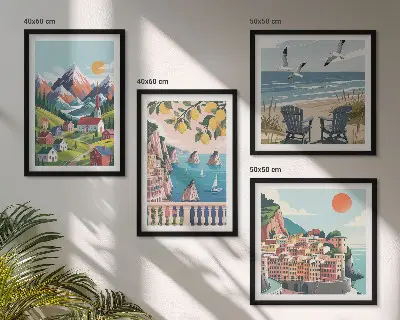 Set de 4 cuadros decorativos para salón con montañas coloridas y ciudades costeras