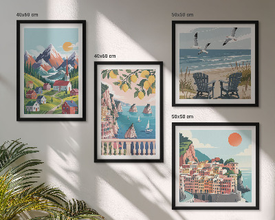 Set de 4 cuadros para salón Montañas coloridas y ciudades costeras