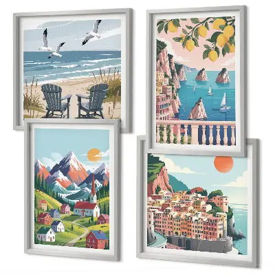 Set de 4 cuadros decorativos para salón con montañas coloridas y ciudades costeras