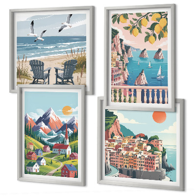 Set de 4 cuadros para salón Montañas coloridas y ciudades costeras
