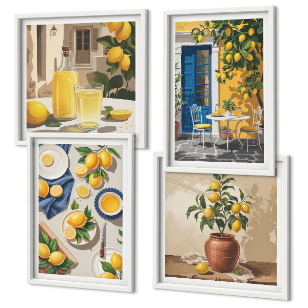 Set de 4 cuadros para salón Jardín de limones con bebidas