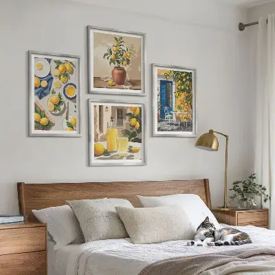 Set de 4 cuadros para salón diseño de jardín de limones con bebidas