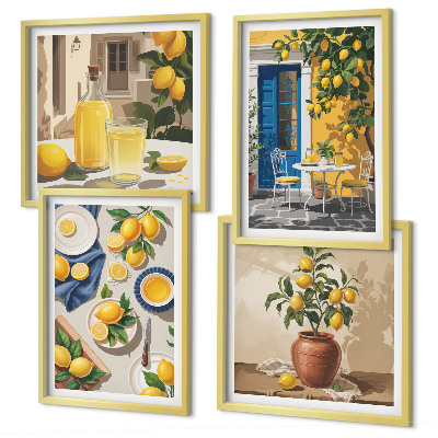 Set de 4 cuadros para salón Jardín de limones con bebidas