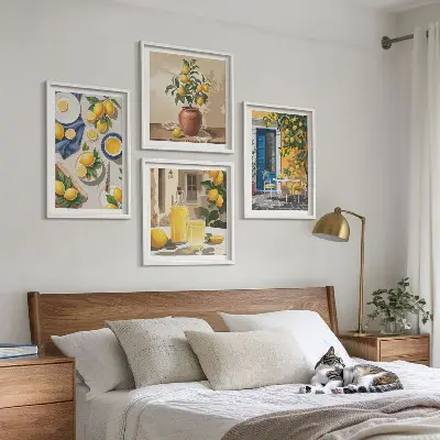 Set de 4 cuadros para salón diseño de jardín de limones con bebidas