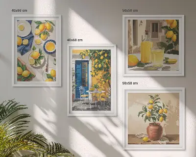 Set de 4 cuadros para salón diseño de jardín de limones con bebidas
