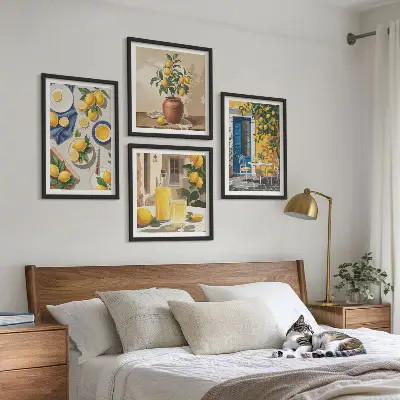 Set de 4 cuadros para salón diseño de jardín de limones con bebidas