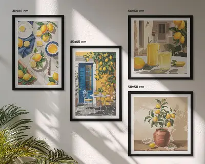 Set de 4 cuadros para salón diseño de jardín de limones con bebidas