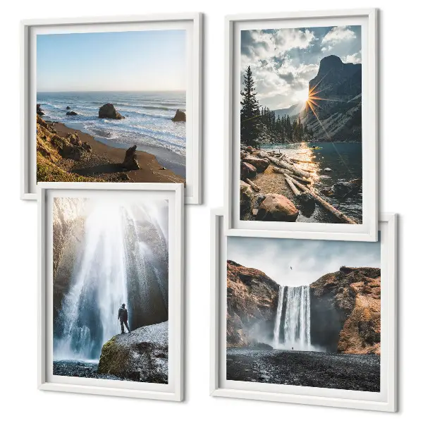 Galería de pared con paisajes de cascadas, montañas y naturaleza