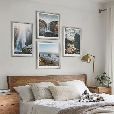 Galería de pared con paisajes de cascadas, montañas y naturaleza
