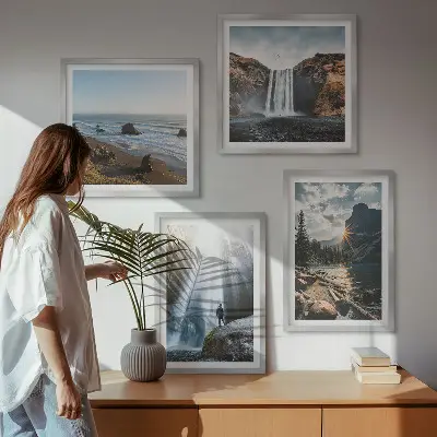 Galería de pared con paisajes de cascadas, montañas y naturaleza