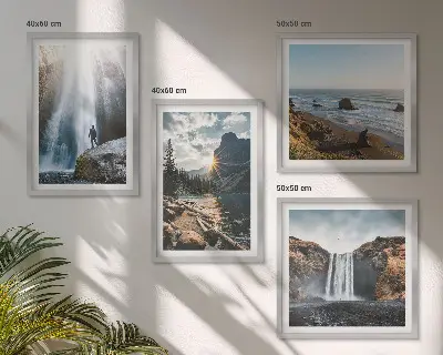 Galería de pared con paisajes de cascadas, montañas y naturaleza