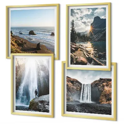 Galería de pared con paisajes de cascadas, montañas y naturaleza