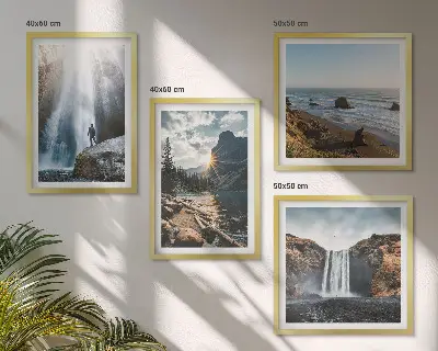 Galería de pared con paisajes de cascadas, montañas y naturaleza