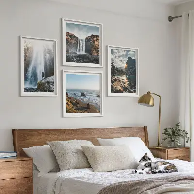Galería de pared con paisajes de cascadas, montañas y naturaleza