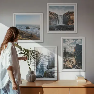 Galería de pared con paisajes de cascadas, montañas y naturaleza