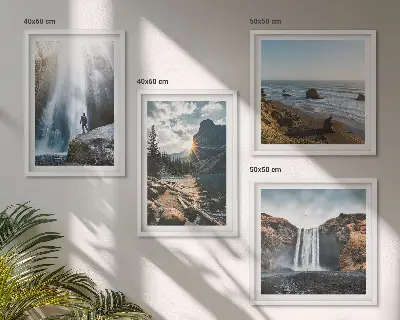 Galería de pared con paisajes de cascadas, montañas y naturaleza