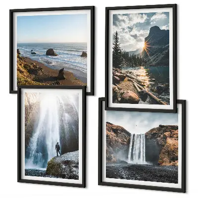 Galería de pared con paisajes de cascadas, montañas y naturaleza