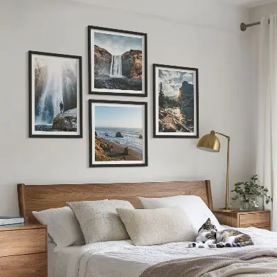 Galería de pared con paisajes de cascadas, montañas y naturaleza