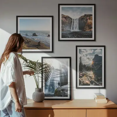 Galería de pared con paisajes de cascadas, montañas y naturaleza