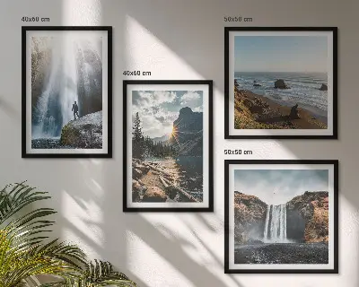Galería de pared con paisajes de cascadas, montañas y naturaleza