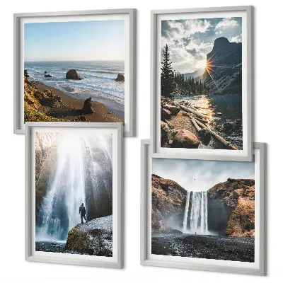 Galería de pared con paisajes de cascadas, montañas y naturaleza