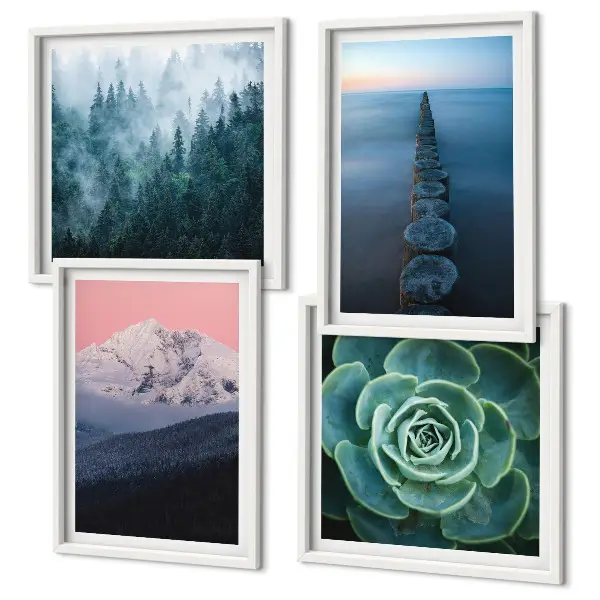 Set de cuadros modernos para salón con diseño de montañas, cielo rosa, agua y suculentas