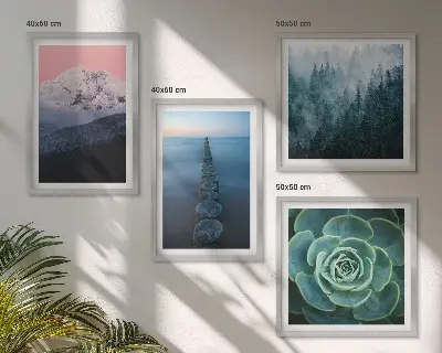 Set de cuadros modernos para salón con diseño de montañas, cielo rosa, agua y suculentas