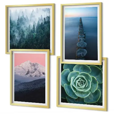 Set de cuadros modernos para salón con diseño de montañas, cielo rosa, agua y suculentas
