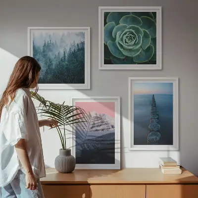Set de cuadros modernos para salón con diseño de montañas, cielo rosa, agua y suculentas