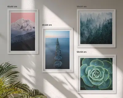 Set de cuadros modernos para salón con diseño de montañas, cielo rosa, agua y suculentas