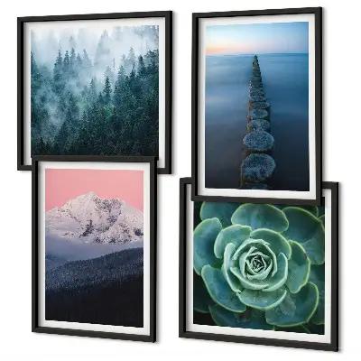 Set de cuadros modernos para salón con diseño de montañas, cielo rosa, agua y suculentas