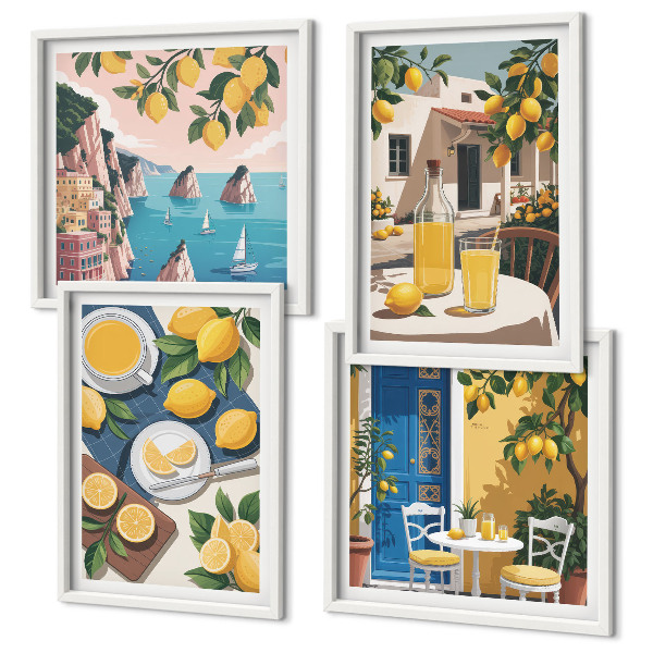 Set de 4 cuadros para salón Limonada al sol en el patio