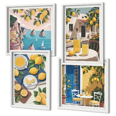 Set de 4 cuadros para salón con diseño de limonada al sol en el patio