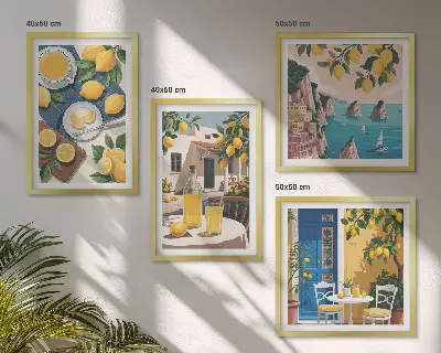 Set de 4 cuadros para salón con diseño de limonada al sol en el patio