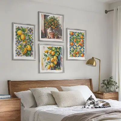 Set de cuadros modernos para salón con diseño de frutas cítricas abstractas y coloridas