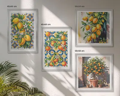 Set de cuadros modernos para salón con diseño de frutas cítricas abstractas y coloridas