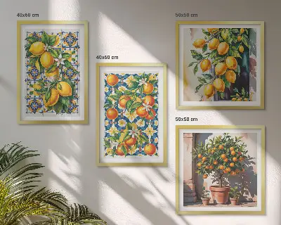 Set de cuadros modernos para salón con diseño de frutas cítricas abstractas y coloridas