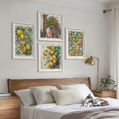 Set de cuadros modernos para salón con diseño de frutas cítricas abstractas y coloridas