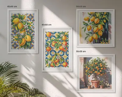 Set de cuadros modernos para salón con diseño de frutas cítricas abstractas y coloridas