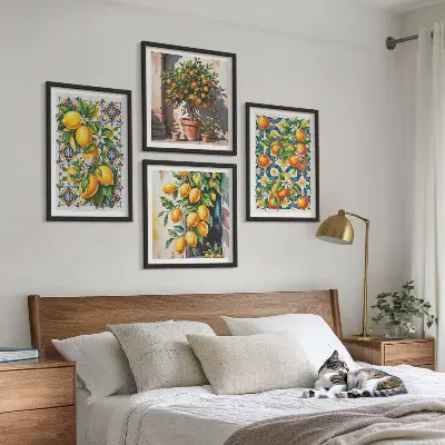 Set de cuadros modernos para salón con diseño de frutas cítricas abstractas y coloridas