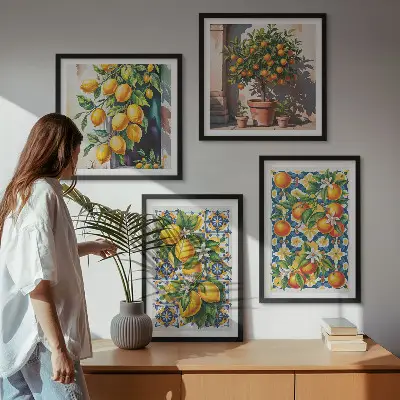 Set de cuadros modernos para salón con diseño de frutas cítricas abstractas y coloridas