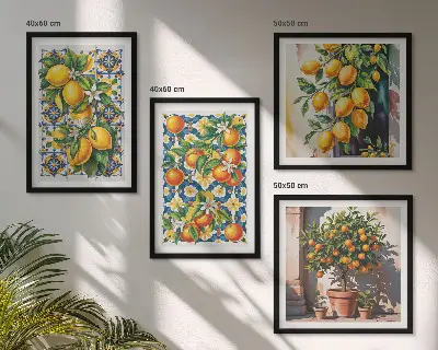 Set de cuadros modernos para salón con diseño de frutas cítricas abstractas y coloridas