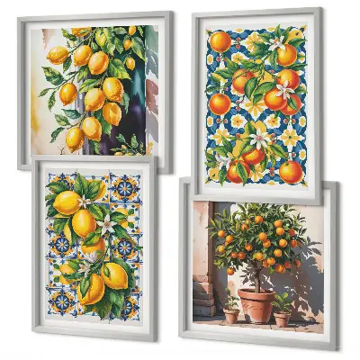 Set de cuadros modernos para salón con diseño de frutas cítricas abstractas y coloridas