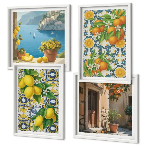 Set de 4 cuadros para salón con motivos de limones, flores y naranjas de Italia