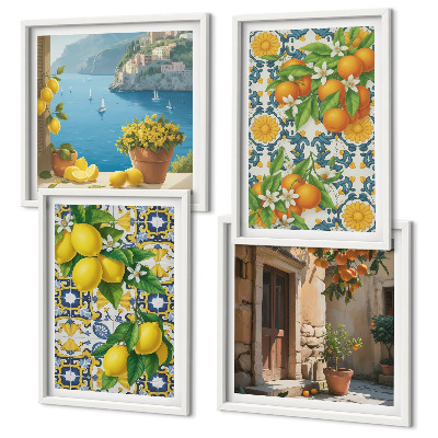 Set de 4 cuadros para salón Limones, flores, naranjas, Italia